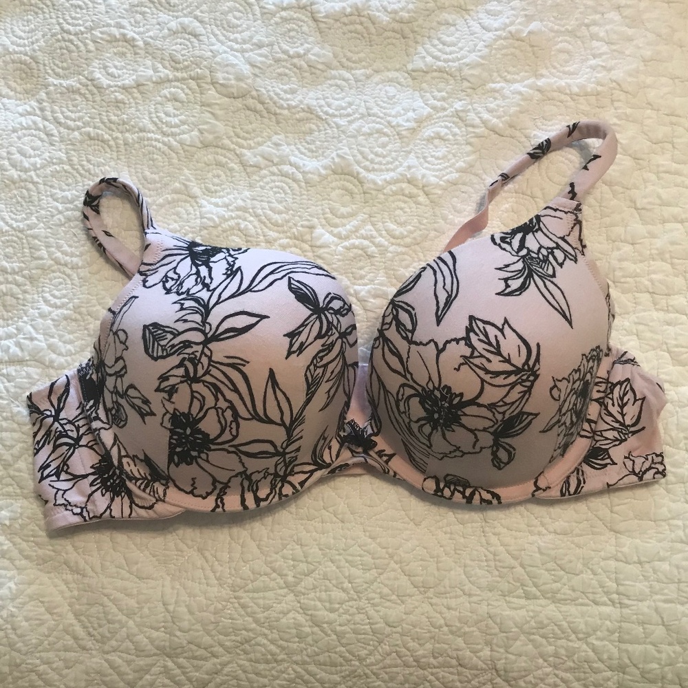 Cacique cotton boost plunge pale pink bra with black floral pattern (44B)